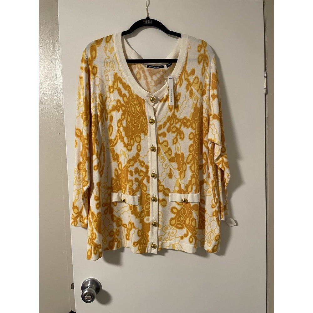 Michael Simon Cardigan Size 2X Yellow Abstract Floral With Gold Buttons NWT
